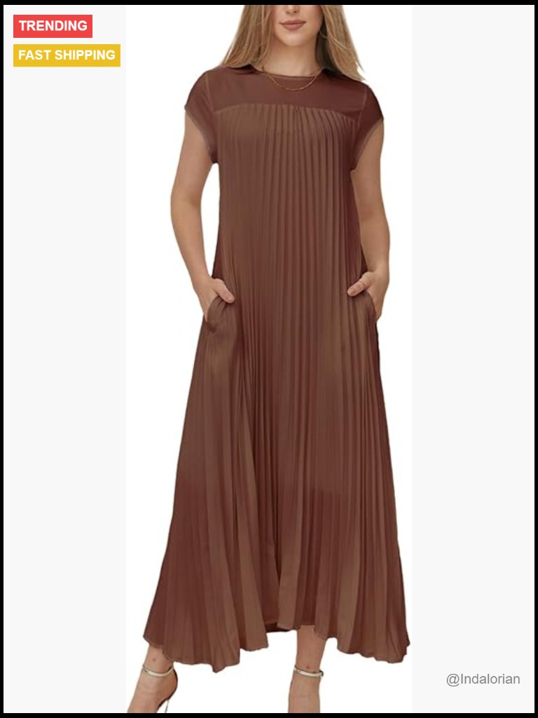 Flowy Pleated Maxi Dress With Pockets Short Sleeve Crewneck A-Line Summer